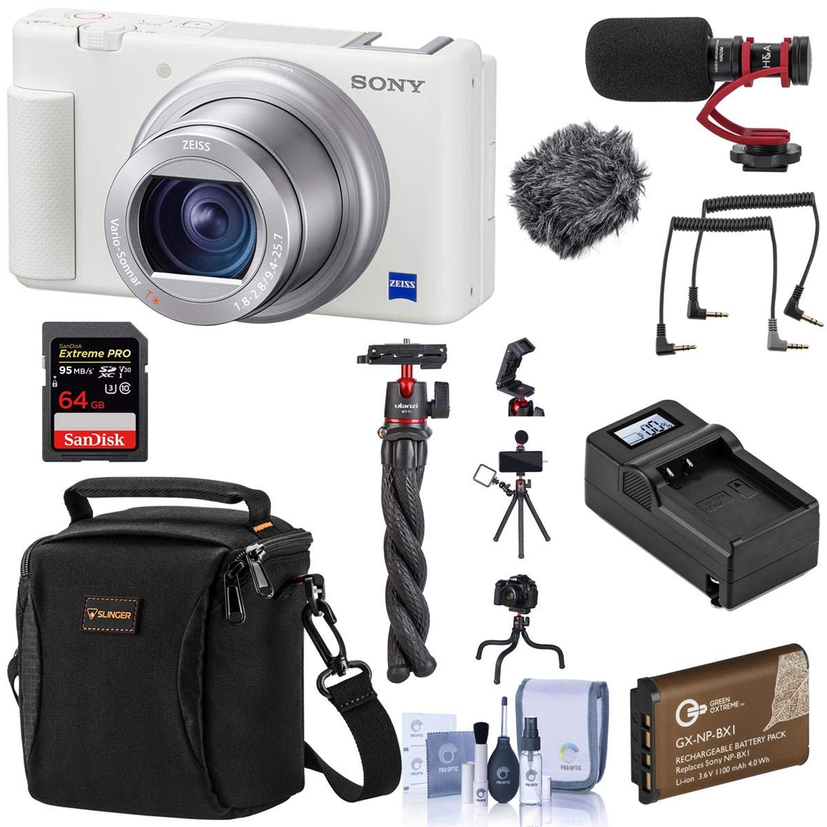 Sony ZV-1 Compact 4K HD Digital Camera, White Bundle with 64GB SD Card, Bag, Mic, Flexible Tripod, E