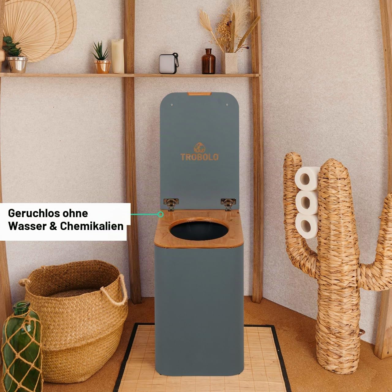 TROBOLO SilvaBloem – Trockentrenntoilette aus Holz – Komposttoilette ohne Chemie & Wasser – Ideal für Gartenhaus, Van & Tiny House – Geruchlose Trenntoilette kompatibel mit Abluftsystem (Grau)