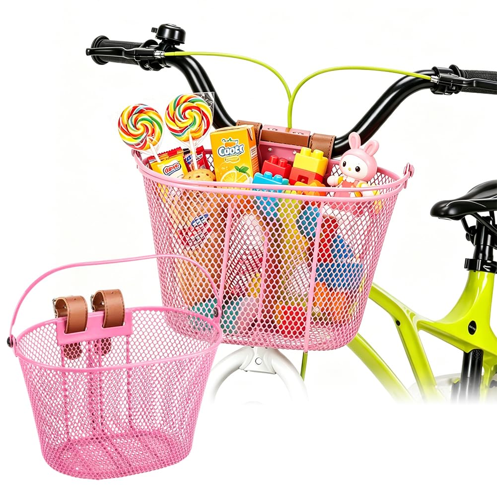 Children's Front Bicycle Basket, Metal Bicycle Basket for Girls and Boys, Waterproof Removable Bicycle Accessories with Fasteners (Pink)