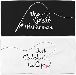 Couple Funny Fisherman Beach Towel Set of 2, Honeymoon Wedding Beach Towels Gifts for Newlywed Bride Groom Valentine's Day, Black and White Beach Towels Oversized Decor for Bathroom 30x60 in
