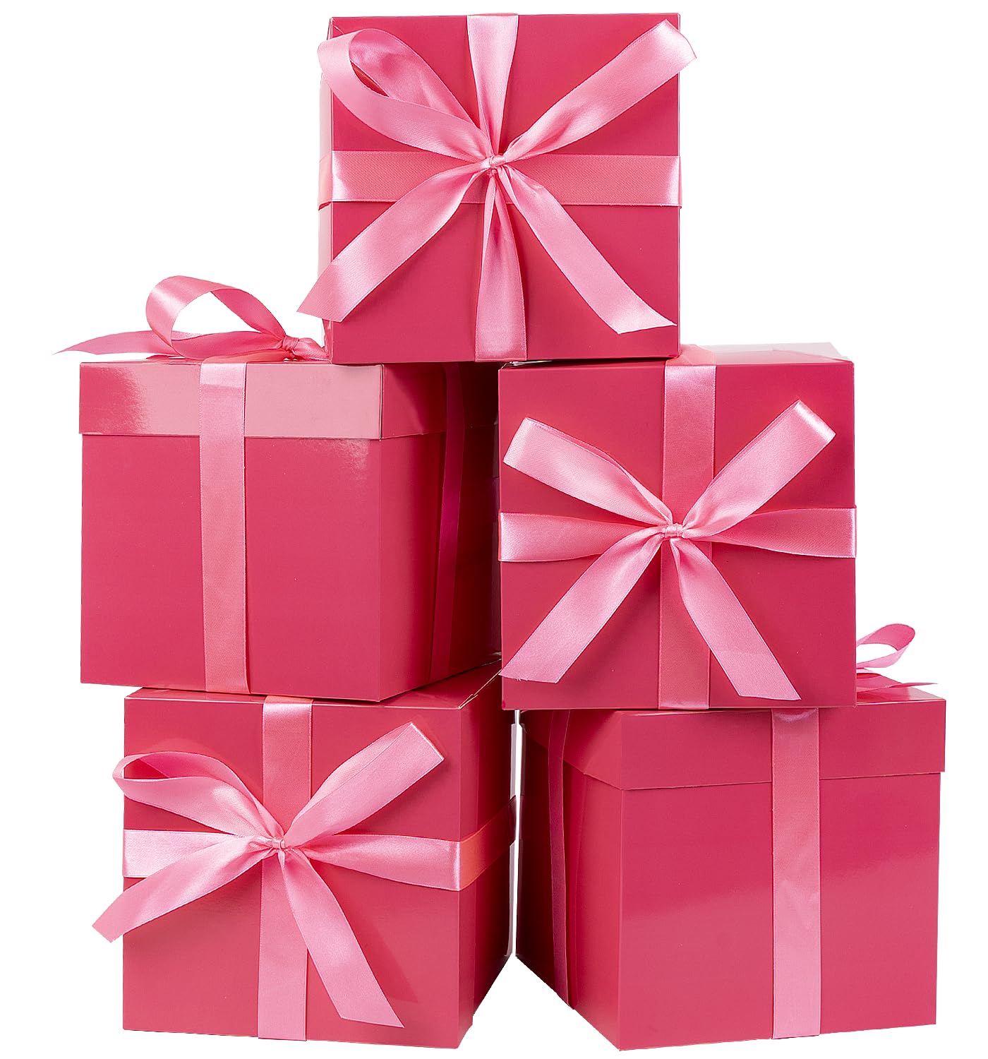 Jaywayang 5 Pack Pink Gift Boxes with Lids, Ribbons and Tissue Papers Square Gift Boxes - 7.1 Inch - Birthday, Wedding, Presents Wrapping, Mother's