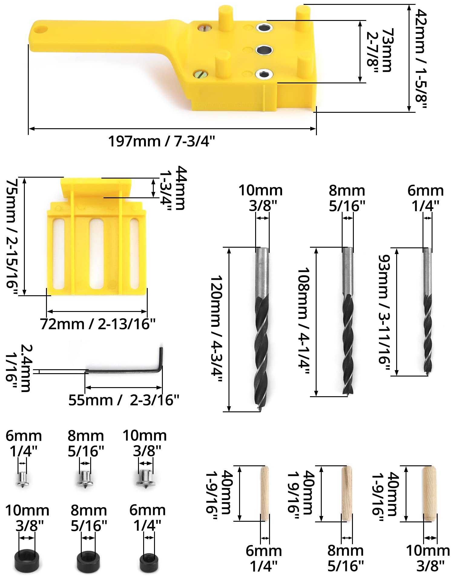 QWORK 44 Pezzi Dima per Fori a Tasca, dima per spinatura legno, Strumento di Foratura Portatile per Chiodi in Legno a Mano, 6 mm / 8 mm / 10 mm