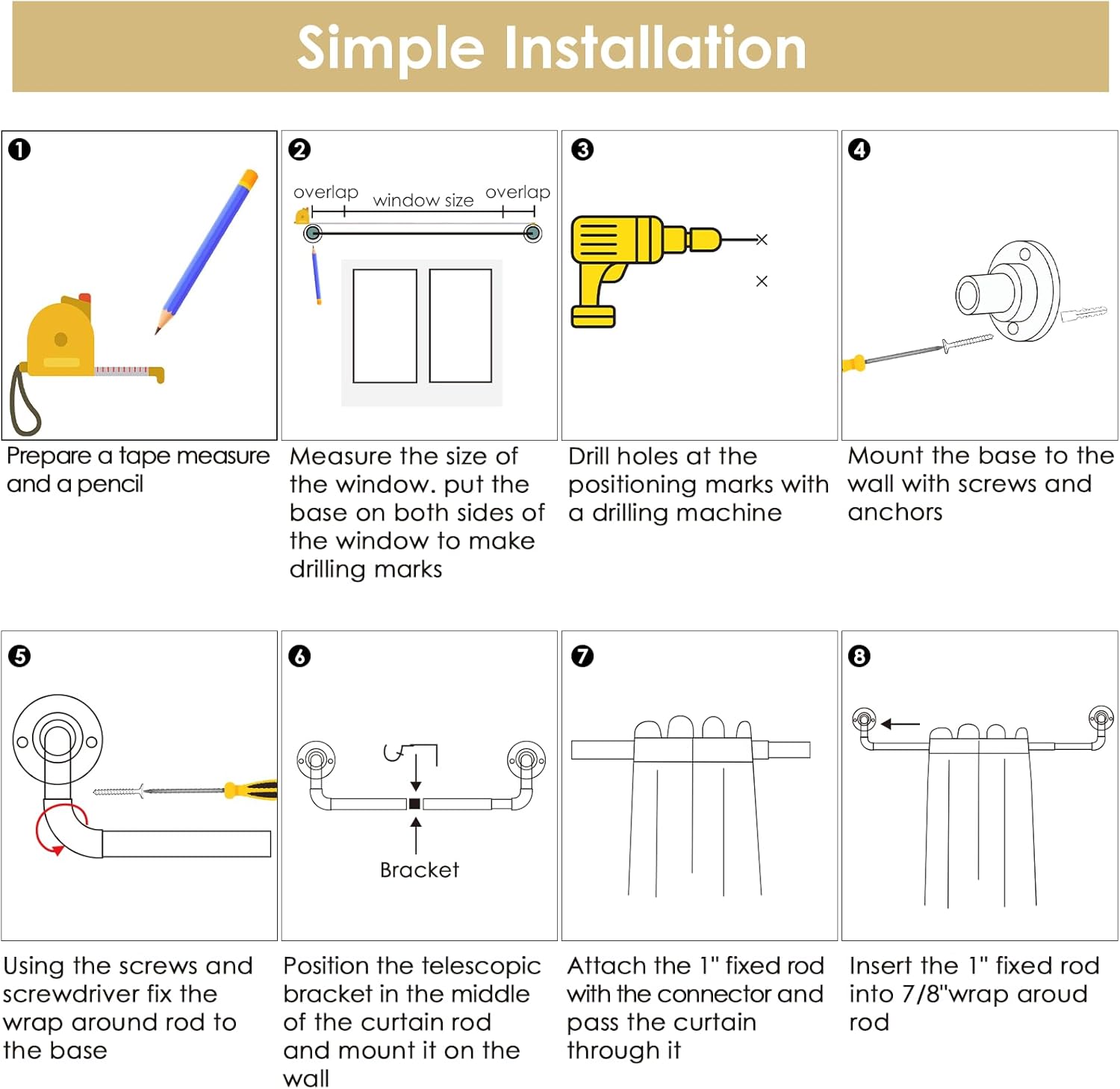 Curtain Rods for Windows 144-168", 1 Inch Industrial Gold Curtain Rod, Adjustable Wrap Around Indoor/Outdoor Room Divider Rod,30-168"