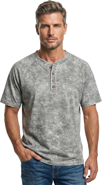 Keyocean Mens Cotton T-Shirts Vintage Distressed Solid Henley Shirt Short Sleeve Soft Casual Button Down Knit Tees