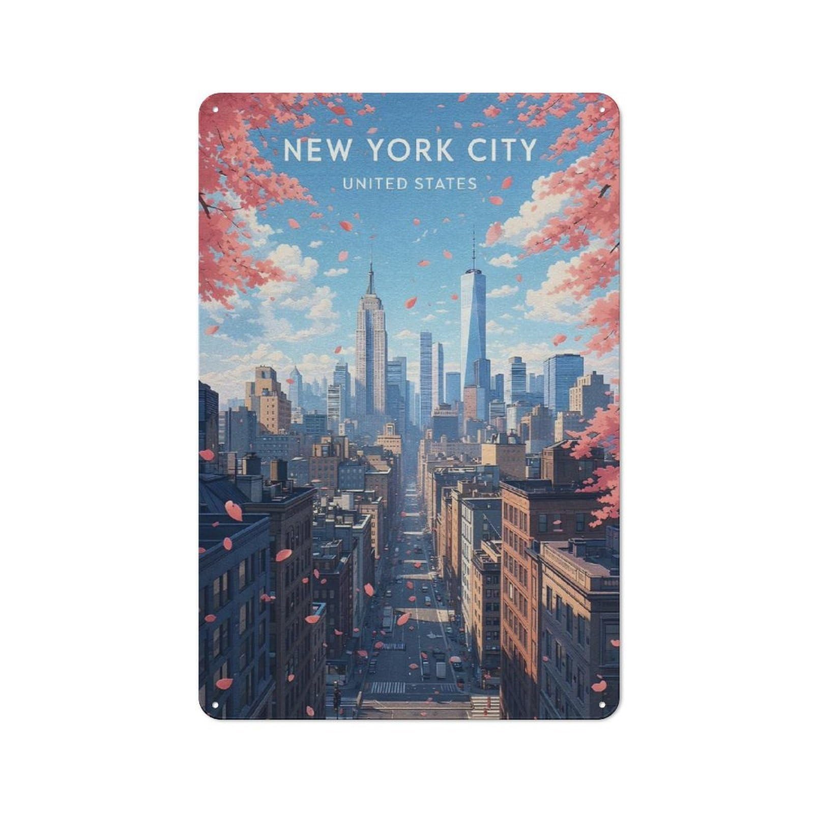 Junmoney Style-1 New York City Skyline With Cherry Blossoms Rustic Metal Wall Sign 30X20cm For Workshop Wall, Suited To Makers And Diy Enthusiasts