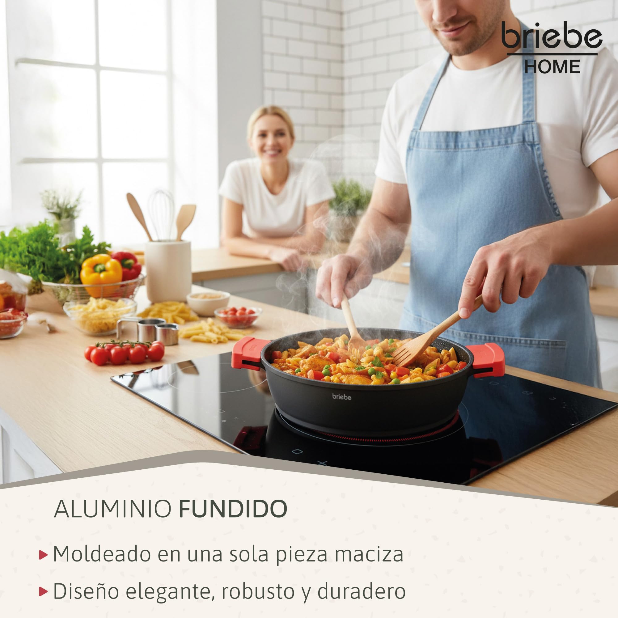 briebe Black Titanium Cacerola Baja de Cocina Inducción Antiadherente Titanio, Cazuela 28cm, Aluminio Fundido, Recubrimiento sin PFOA, Tapa Cristal, Asas Silicona, Vitrocerámica, Gas, Horno