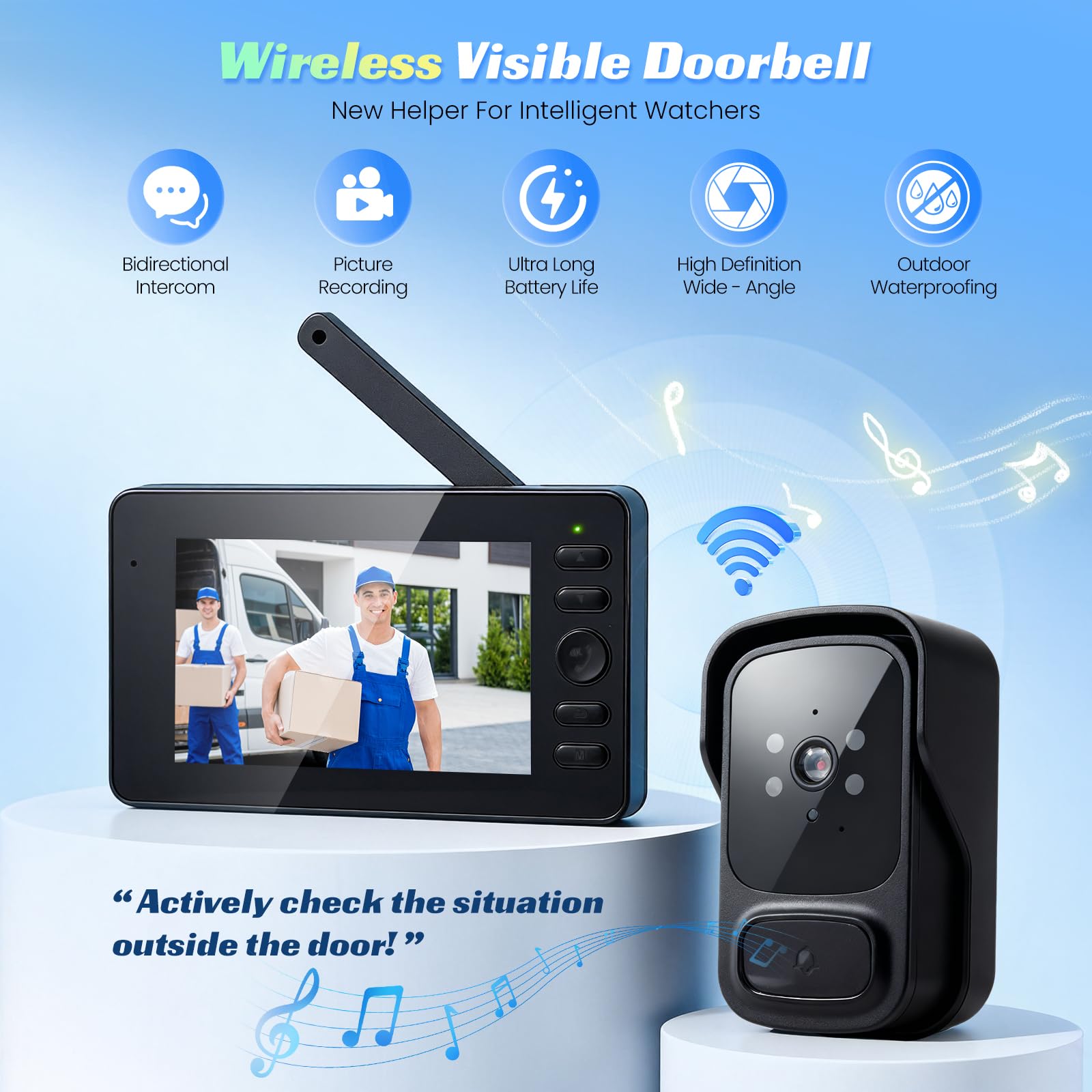 Campanello senza Fili con Telecamera, Campanello Video Impermeabile senza Fili, 1080P HD IPS 4.3", Audio Bidirezionale, Visione Notturna a Infrarossi, Resistente alle Intemperie, Angolo di Visione 120