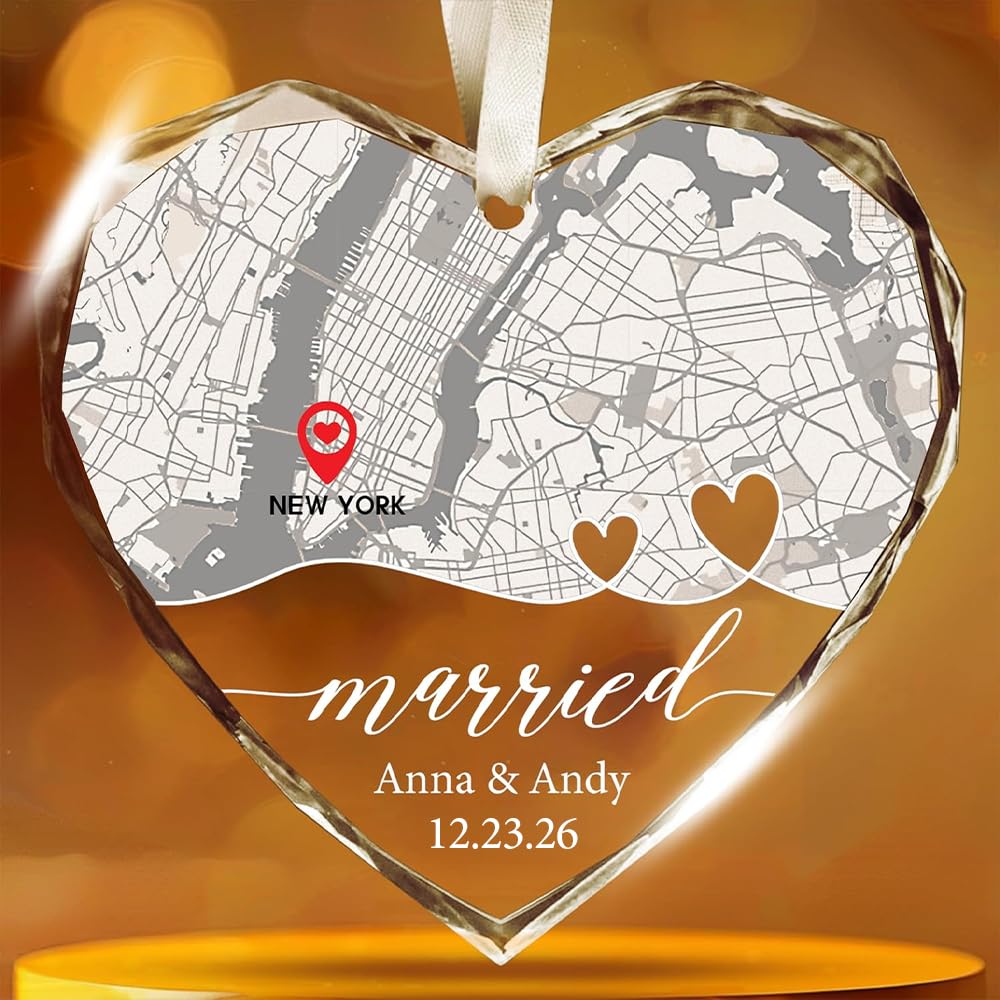 Personalized Location Map Married Heart Crystal Ornament - Custom Wedding Glass Ornament Gift, Bridal Shower Gifts, Married Present for Women, Couple Glass Ornament Christmas Hanging Decor Keepsake