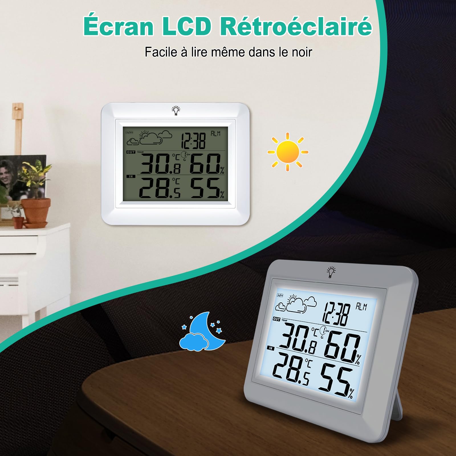 Urageuxy Thermometer Innen Außen, Digital Thermometer Hygrometer mit Wettervorhersage, Hygrometer, Weckzeiten, MIN/MAX-Aufzeichnung, 100m Reichweite, LCD Backlight Display