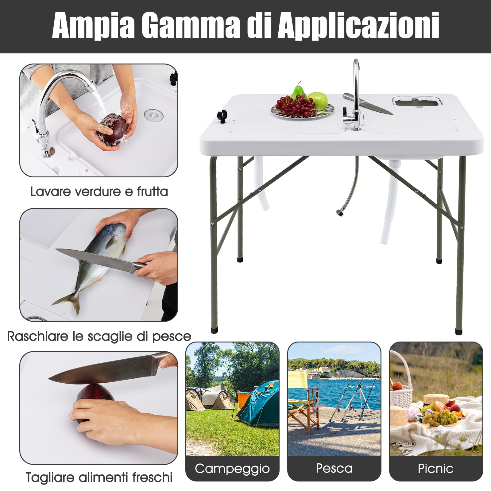 GYMAX Tavolo Portatile per la Pulizia del Pesce, con 2 Lavandini e Rubinetto Girevole, in Acciaio e HDPE, per Campeggio, Pesca, Picnic, Portata 150 kg, 101,5 x 65,5 x 107,5 cm