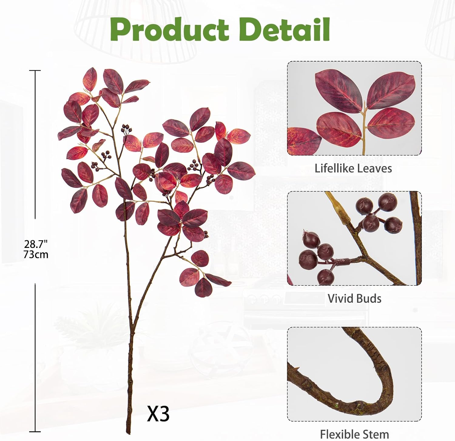 3PCS Artificial Greenery Stems Fall Leaves Branches for Vase Fake Lagerstroemia Faux Branches 28.7 Inch Plants Leaf Bushes for DIY Floral Arrangement Bouquets Festival Party Wedding Home Decor Red