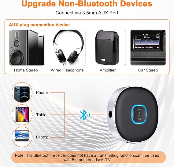 Car Bluetooth AUX Adapter, Bluetooth 5.4 Receiver for Home Stereo/Speaker/Wired Headphones, 3.5mm Audio Adapter Hi-Fi Receivers Amplifiers, Supports Dual Device Connection, 16H Playtime, Handsfree