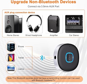 Car Bluetooth AUX Adapter, Bluetooth 5.4 Receiver for Home Stereo/Speaker/Wired Headphones, 3.5mm Audio Adapter Hi-Fi Receivers Amplifiers, Supports Dual Device Connection, 16H Playtime, Handsfree