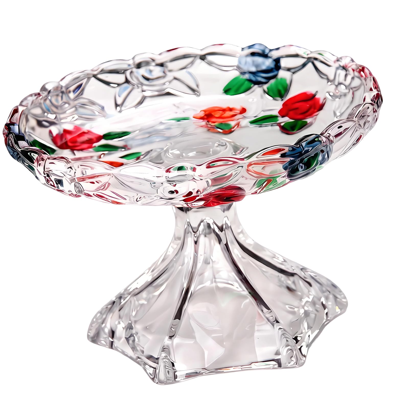 Shntig Handcrafted Rose Relief Glass Snacks Platter Tray Bowl with Tall Leg for Sophisticated Table Arrangements Multifunctional Bowl