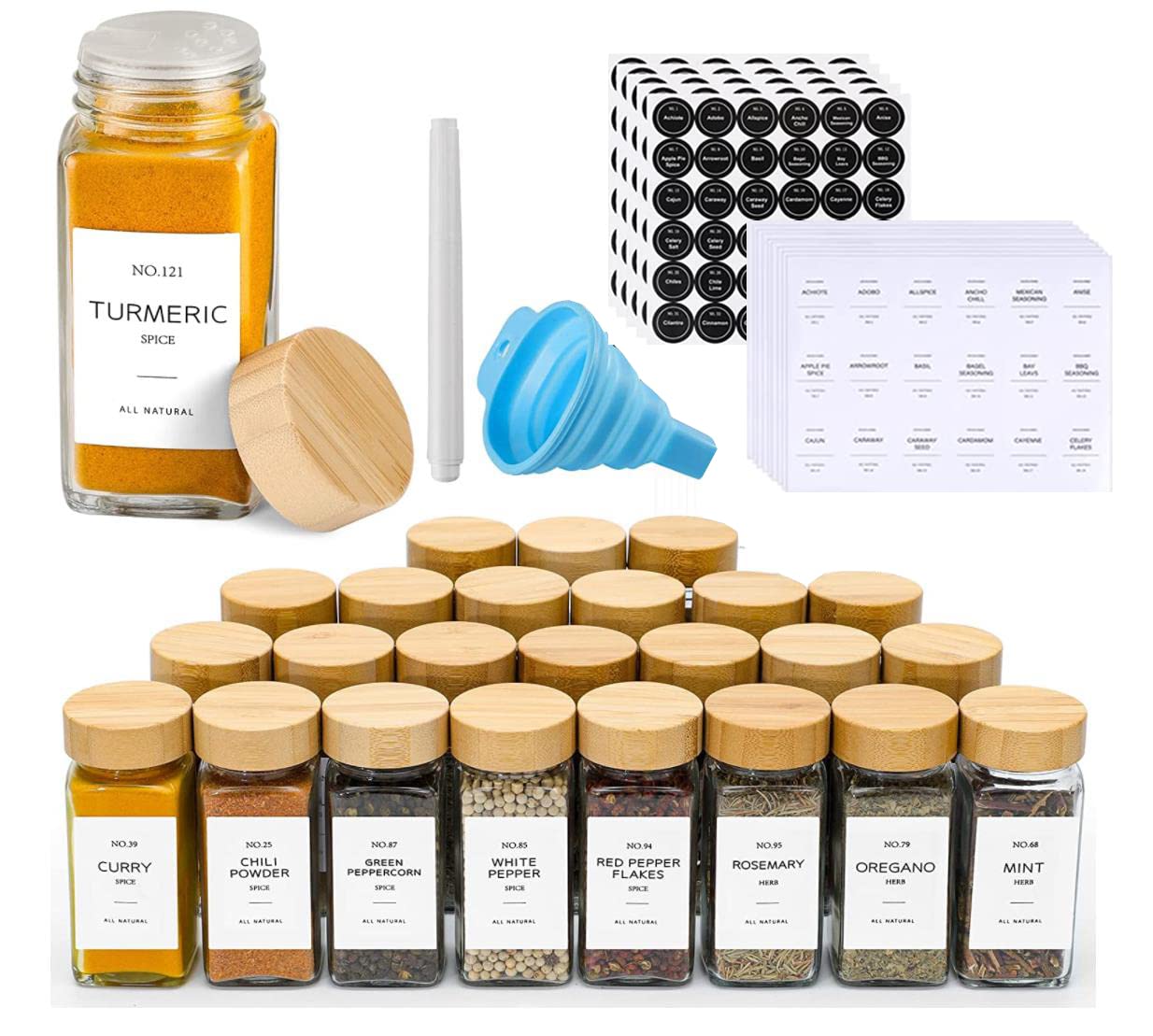 FUFU Spice Jars with Label-4oz 24Pcs, Glass Spice Containers with Bamboo Lids, Kitchen Empty Spice Jars with Shaker Lids