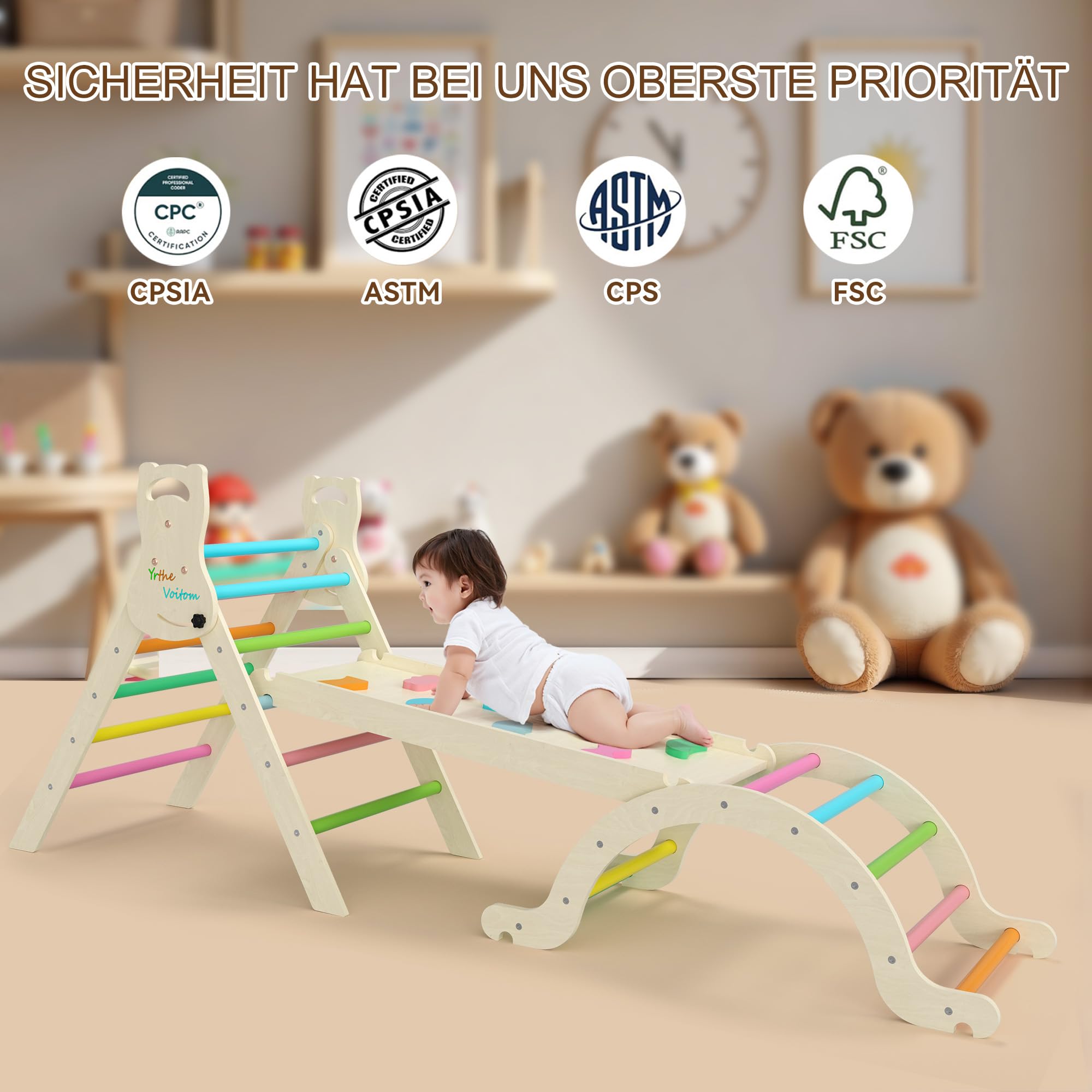 Klettergerüst Indoor Montessori Spielzeug ab 1.5 2 3 4 + Jahr, Upgrade 7-in-1 Kletterdreieck mit Rutsche, Kletterbogen, Kissen, Kletterwand, Geschenk Kinder Junge Mädchen, Regenbogen