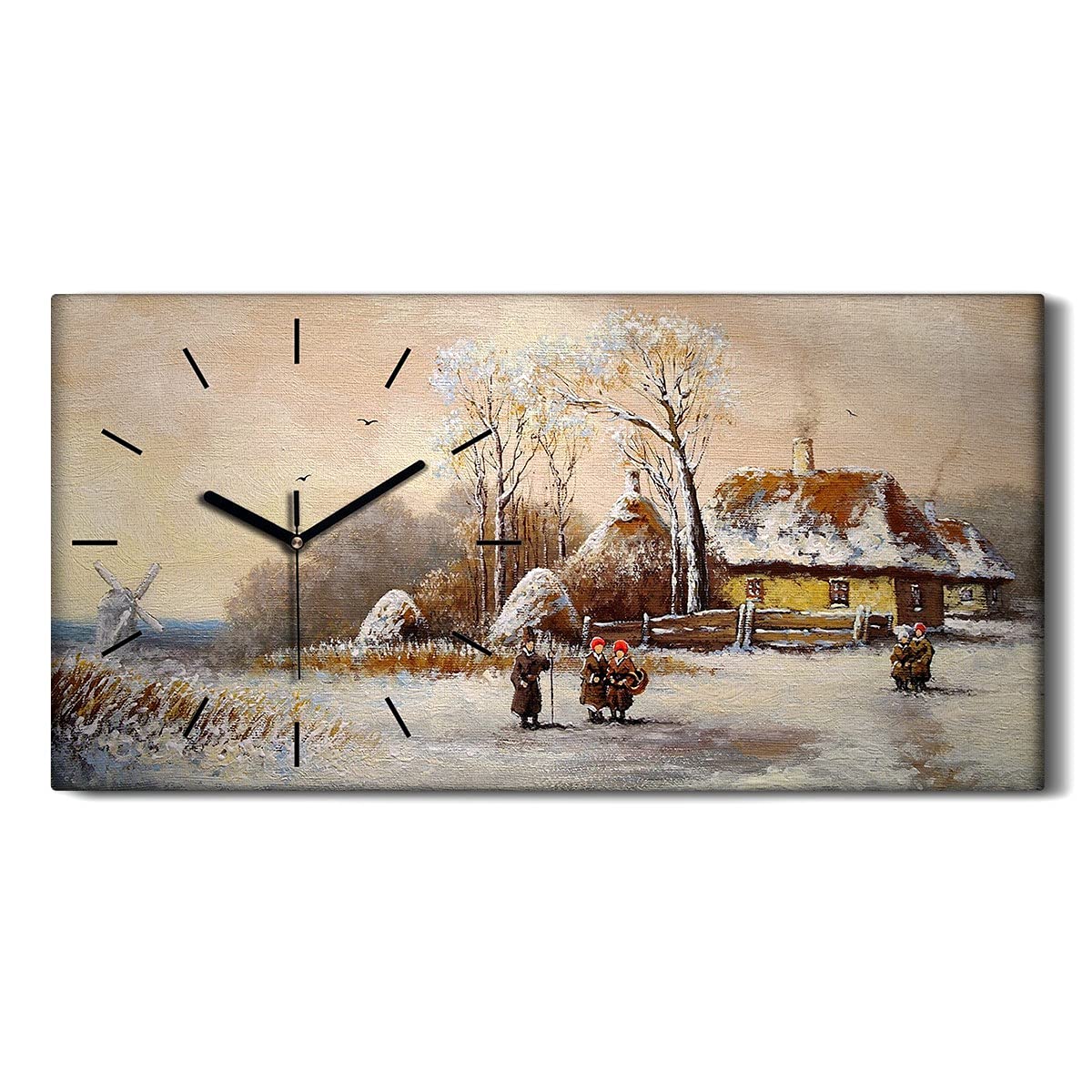 Horloge sur toile 60x30cm villageois d'hiver décoration murale salon