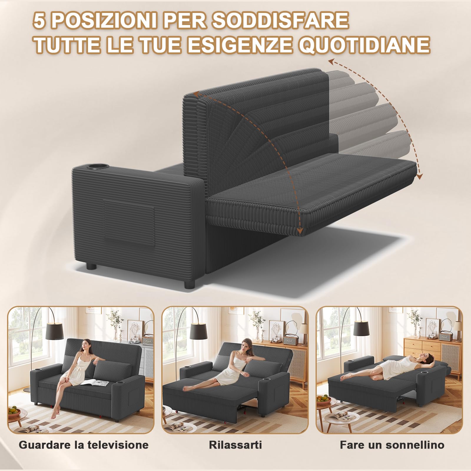JUMMICO Divano Letto 2 Posti in Velluto Divano Matrimoniale Prontoletto Estraibile con Schienale Regolabile in 5 Posizioni per Soggiorno, Camera da Letto o Ufficio, 75P x 160L x 93H cm, Grigio