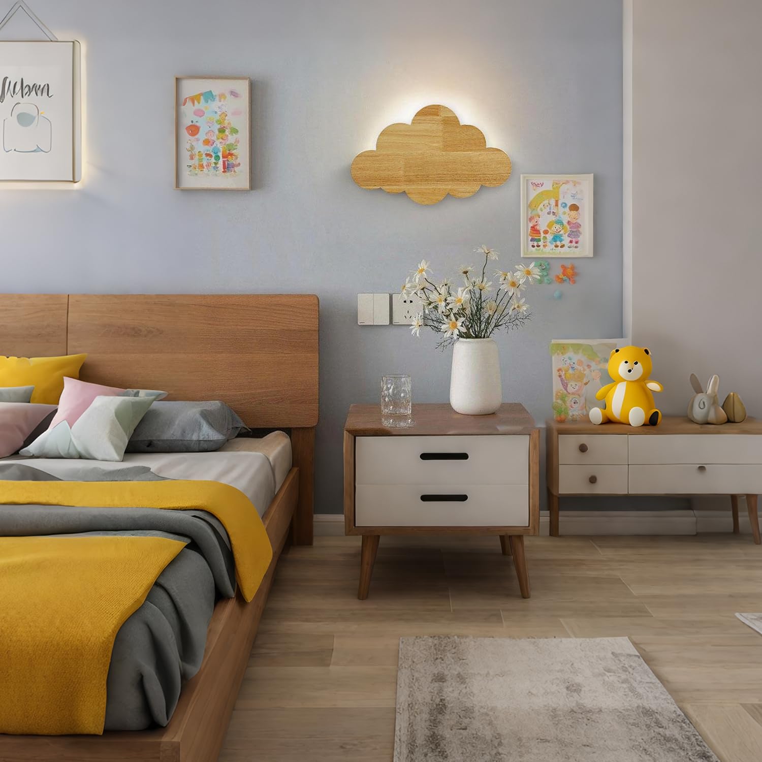 KZT Wolken Wandleuchte mit Stecker Schalter G9 LED Wandlampe aus Holz 3 Farben Einstellbar Nachttischlampe Kinderzimmer Nachtlichter Innen Wolkenlampe für Junge Mädchen Schlafzimmer Wohnzimmer