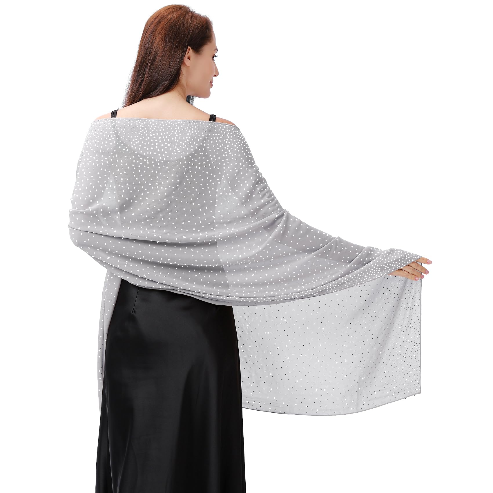 Ladiery Women's Silver Gray Shawl And Wraps For Evening Dresses, Soft Sheer Chiffon Sparkly Rhinestone Wedding Scarf Formal Shawl Wraps For