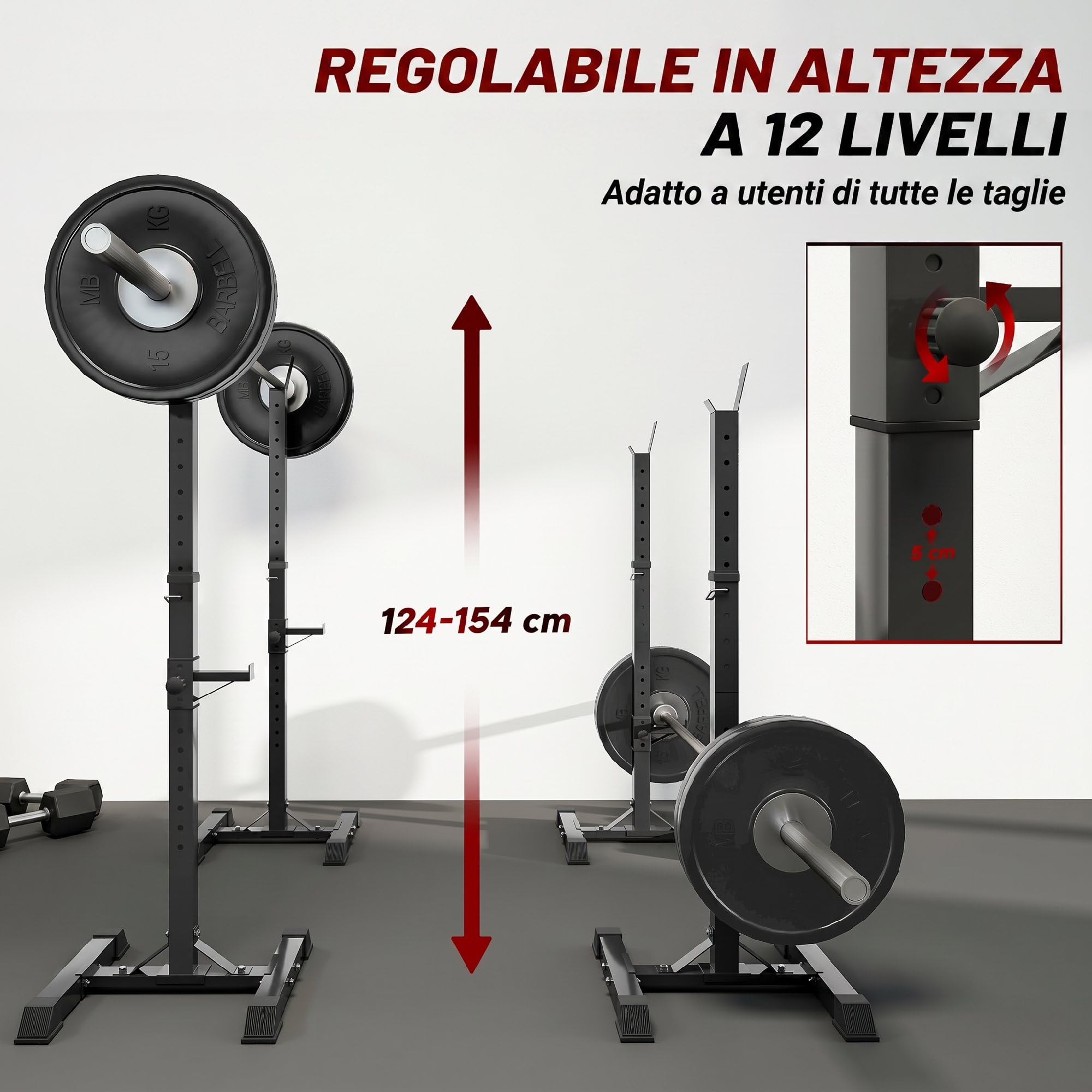 HOMCOM Set di 2 Rack Supporto per Bilanciere Acciaio 50x49x124-154cm Nero | Altezza Regolabile su 12 Livelli
