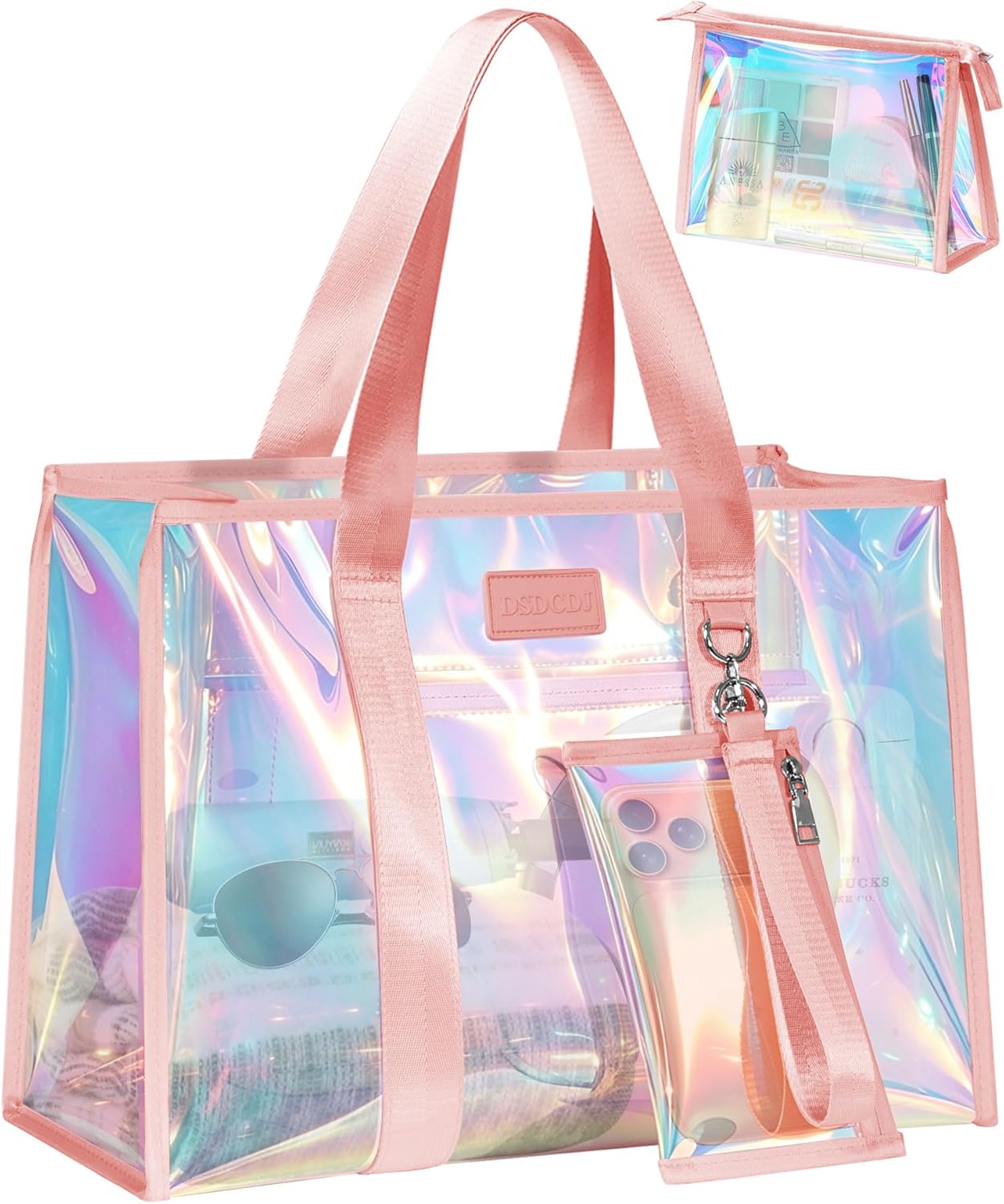 Iridescent Beach Bags for Women, Large Jelly Tote Bags with Phone Pouch & Makeup Bag - Waterproof Beach Tote Bag