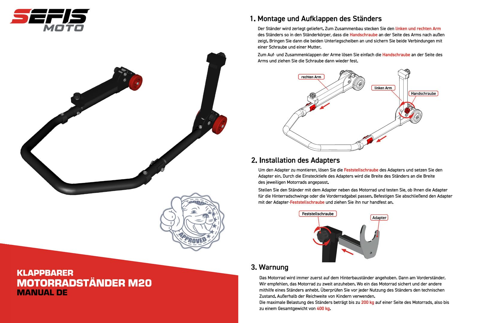 SEFIS M20 Ensemble de béquilles de moto avant et arrière Béquille de service avant et arrière Moto Béquille de montage arrière Moto Kit (Adaptateur : V-Logement/Standard)