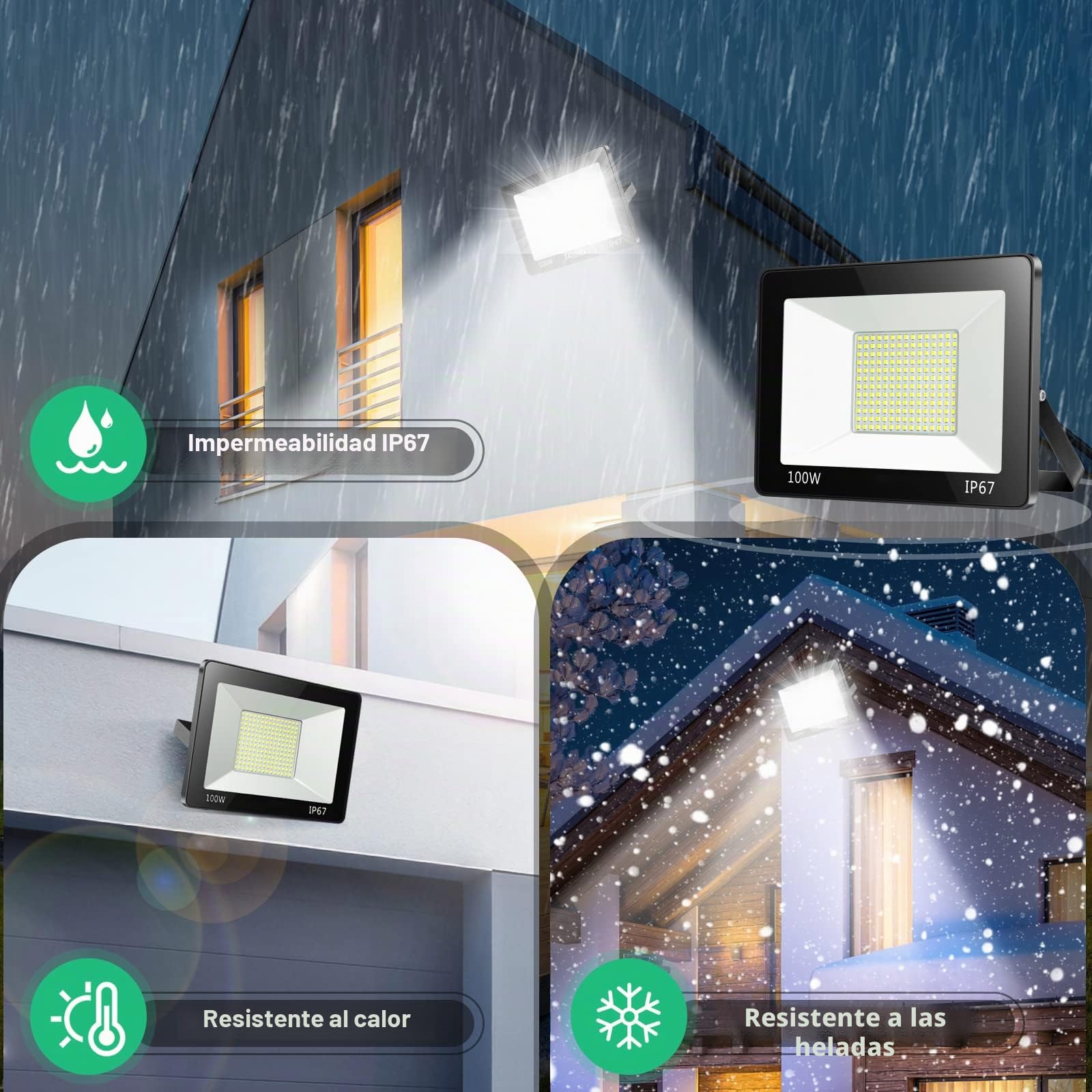 YIQIBRO Focos LED Exterior 100W 2 Piezas, IP67 Impermeable Proyector LED, 10000LM 6500K Brillante Blanco Frío Luz de Seguridad, Potente Luces Exterior para Terraza, Garaje, Jardín, Almacén, Taller