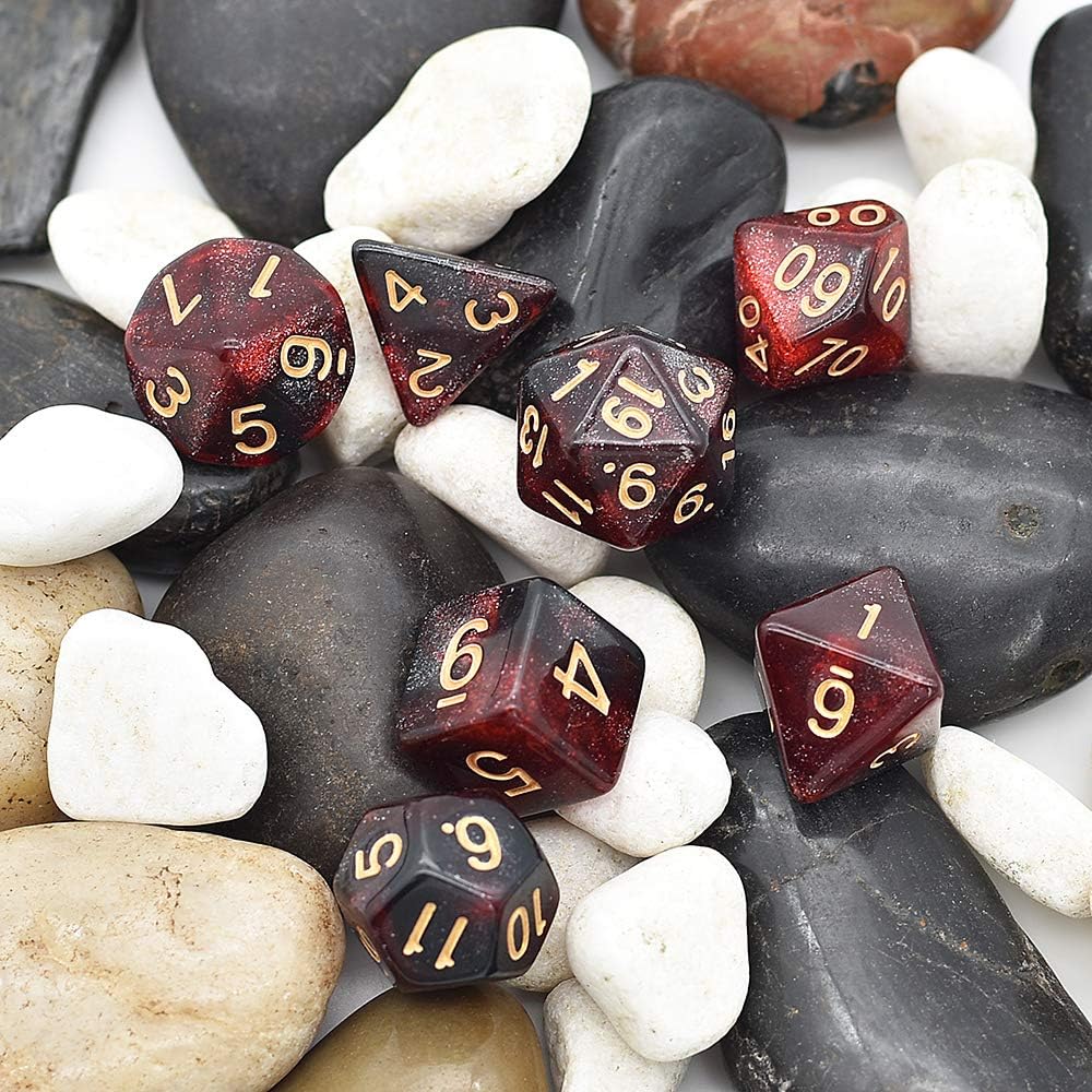 cusdie DND Dice Set Polyhedral Dice 7-Die Glitter Dice for Dungeons and Dragons Pathfinder RPG MTG Table Gaming Dice(Red&Black)