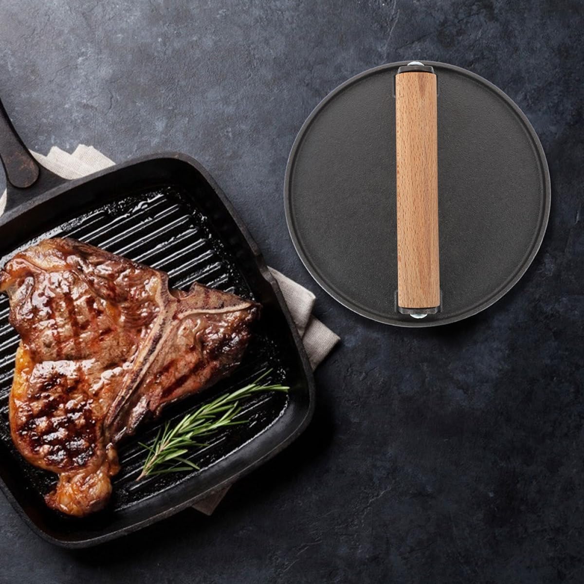Prensa de Carne Mango de Madera Redonda de Hierro Fundido Herramienta Cómoda para Moldear Hamburguesas y Asados Parrilla