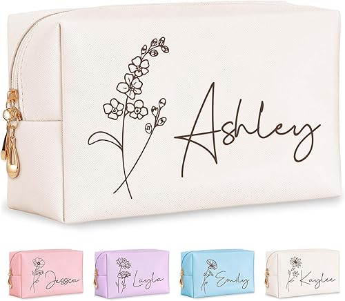 Bolsa de maquillaje personalizada con nombre y flor de nacimiento, bolsas de cosméticos de cuero personalizadas para mujeres, bolsa de aseo de viaje