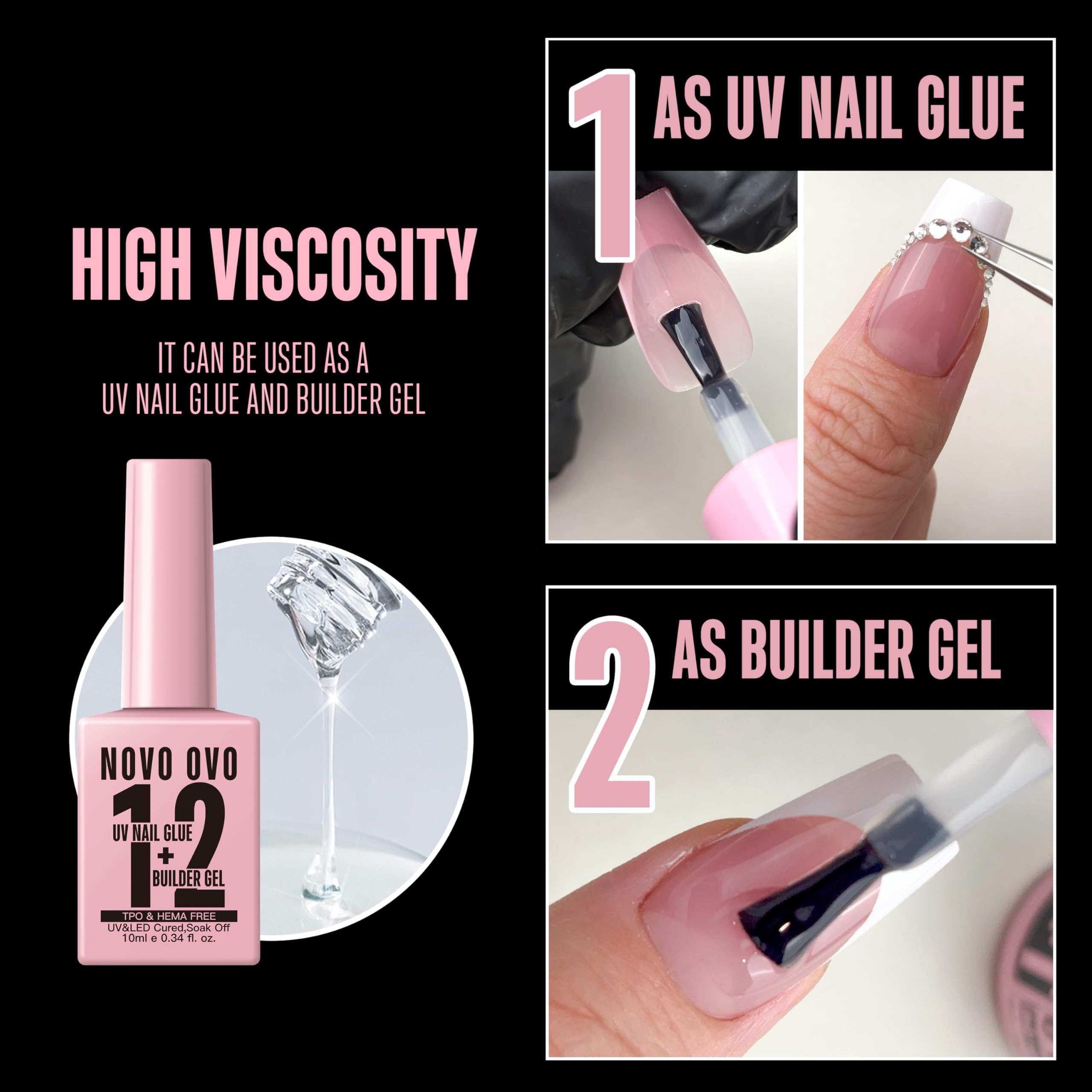 NOVO OVO UV klej do paznokci i żel budujący 2 w 1, zestaw bez potrzeby wycierania, top coat do wstępnie przyciętych francuskich końcówek, HEMA TPO FREE, ekstra mocne trzymanie do akrylowych paznokci