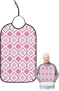 BOBOWUNY Quatrefoil Trellis Moroccan Pattern Adult Bibs for Elder Women Men Eating, Pink Geometric Waterproof & Washable Bibs for Eating Clothing Protector Dining Bibs for Crumb Catcher