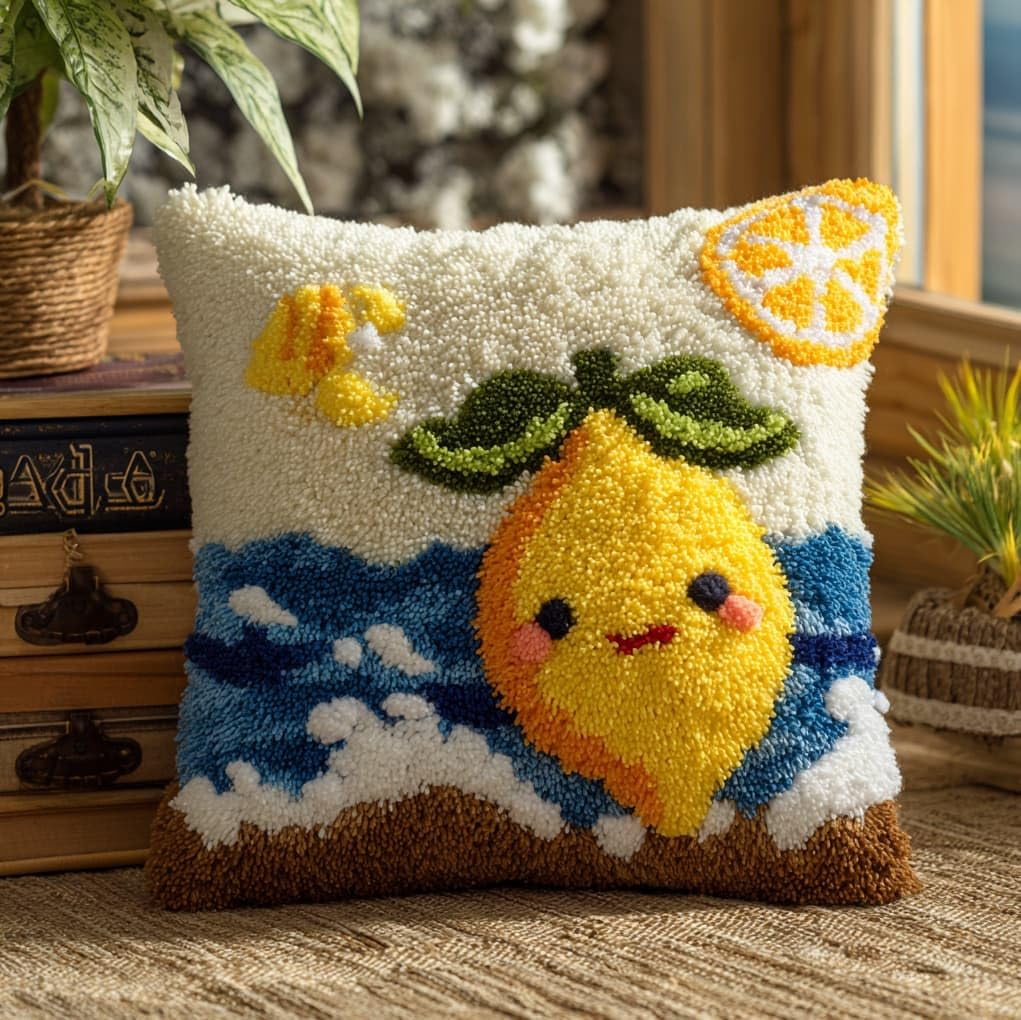 Henypt Latch Hook Pillow Making Kit 43x43cm,Lemon Printed Canvas Needlework Set,Relaxing Handmade Craft for Home Bedroom Decoration