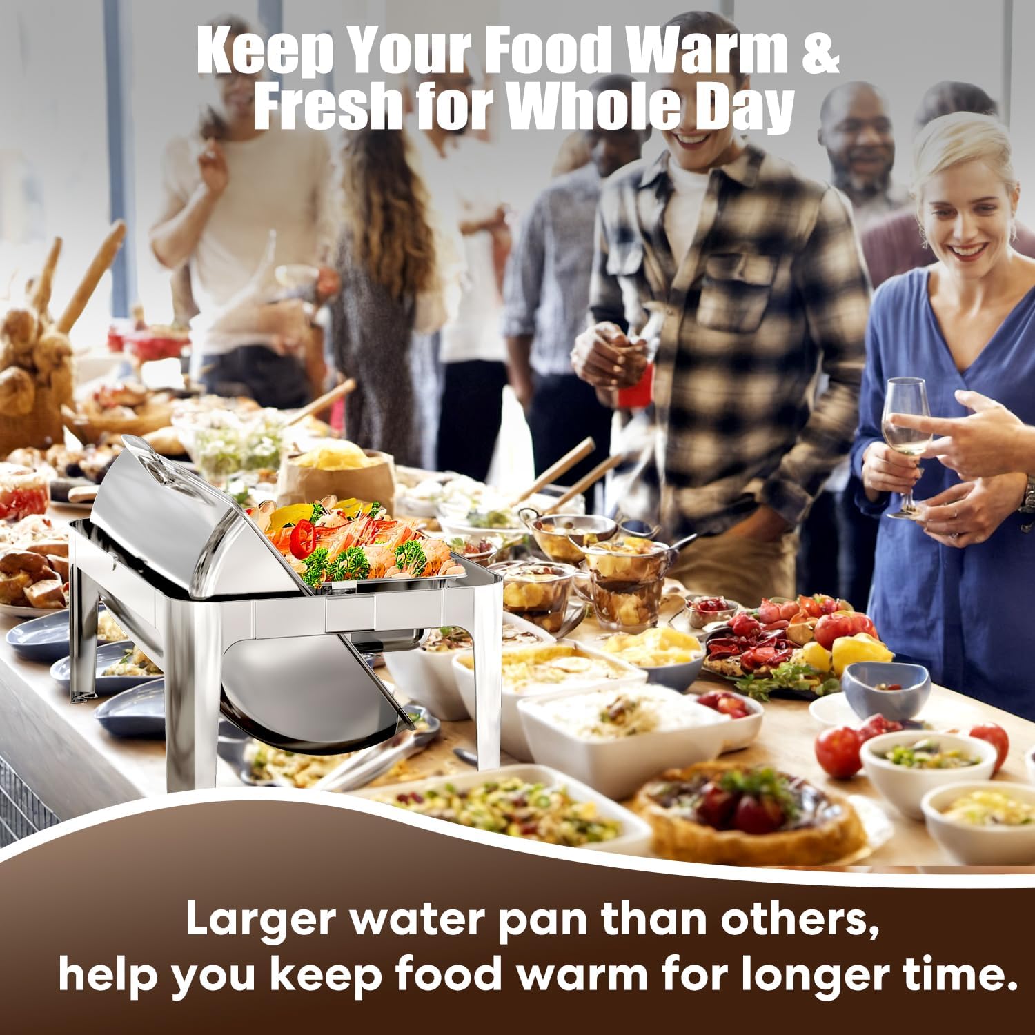 Roll Top Chafing Dishes for Buffet: Rectangular Catering Food Warmer for Parties Birthday Wedding Family Gathering with 1 Full Size & 2 Half-Size Buffet Server Dish& 14QT Water Pan