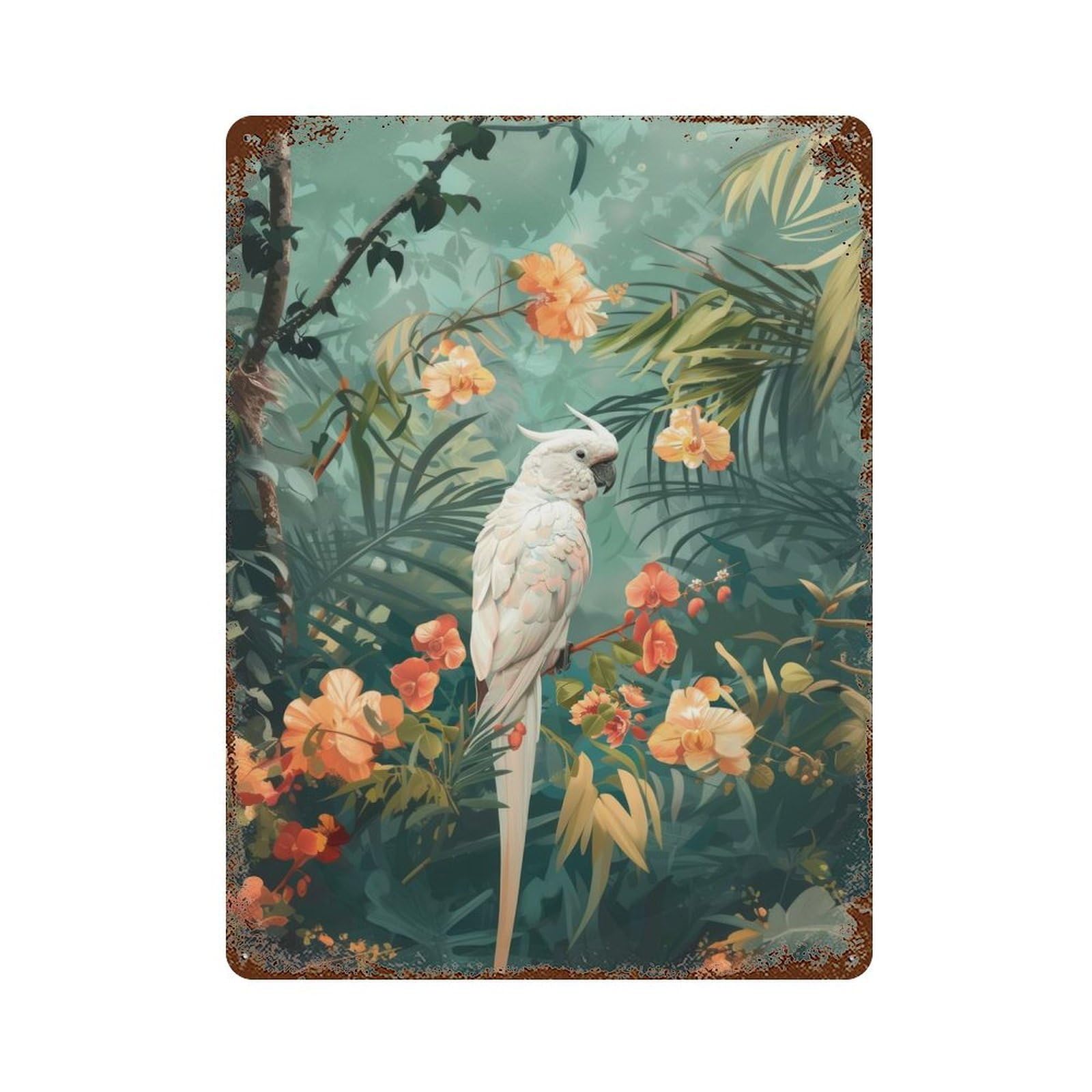 Garage Style White Cockatoo in Tropical Paradise Aged Metal Wall Plaque 15.7"x11.8", Farmhouse Wall Decor for Bar And Workshop