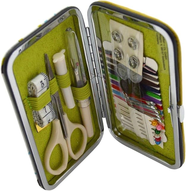 Kleiber Pocket Sized Hard Case Travel Sewing Kit including Scissors/Thread/Spare Buttons/Unpicker/Ta+AV25pe Measure And Fasteners, Blue/Green