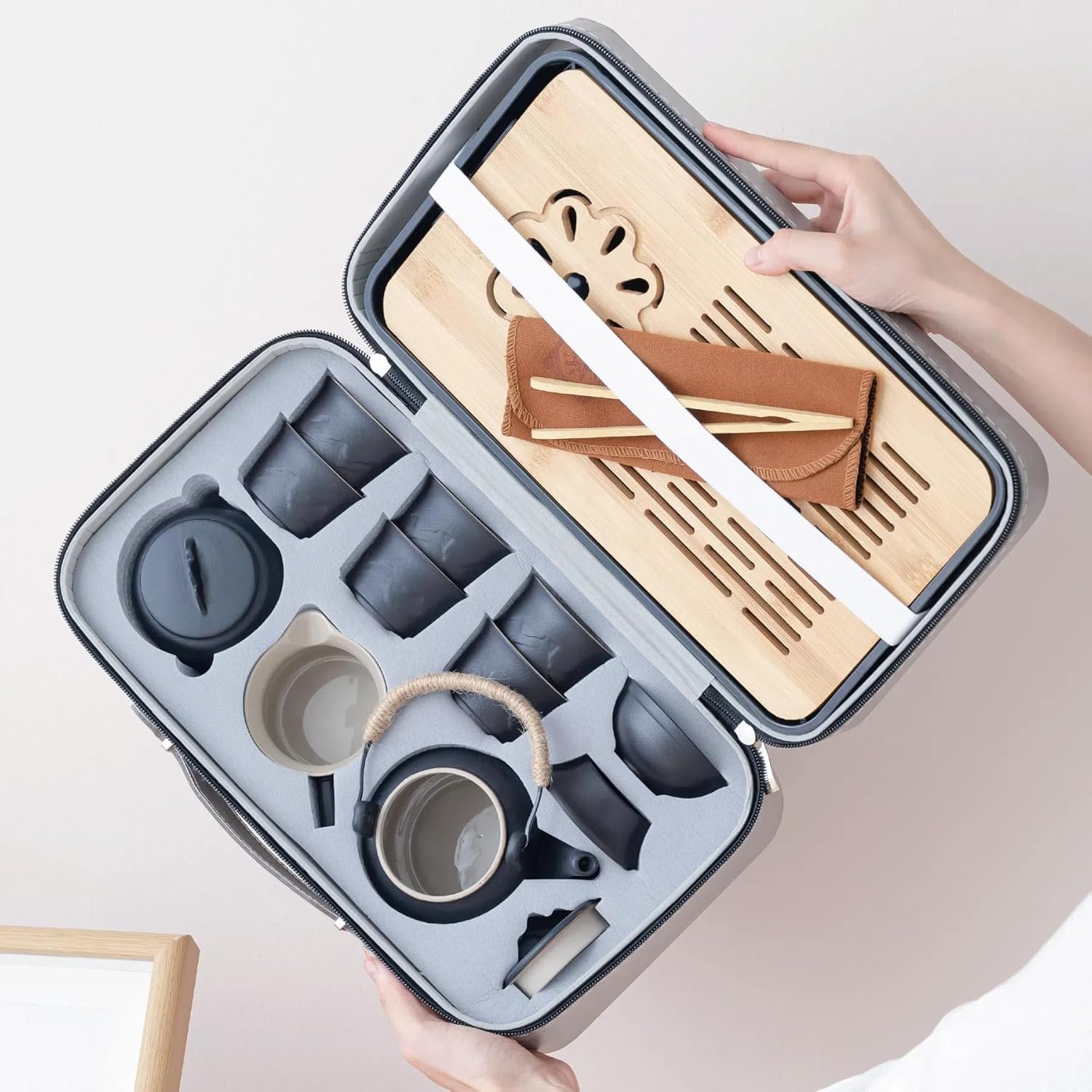 Théière avec passoire intégrée, service à thé en porcelaine chinoise avec théière et 6 tasses, service à thé avec poignée en corde de chanvre pour thé en vrac, cadeau pour les amateurs de thé