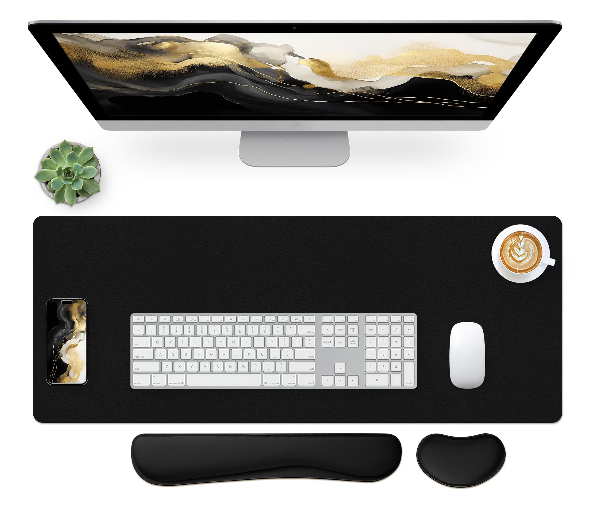 Bloss Leather Desk Pad and Keyboard Wrist Rest, Non-Slip Large Mouse Pad + Keyboard Pad + Mouse Wrist Support, Desk Mat Protector for Office, Home(27.6" x 13.8", Black)