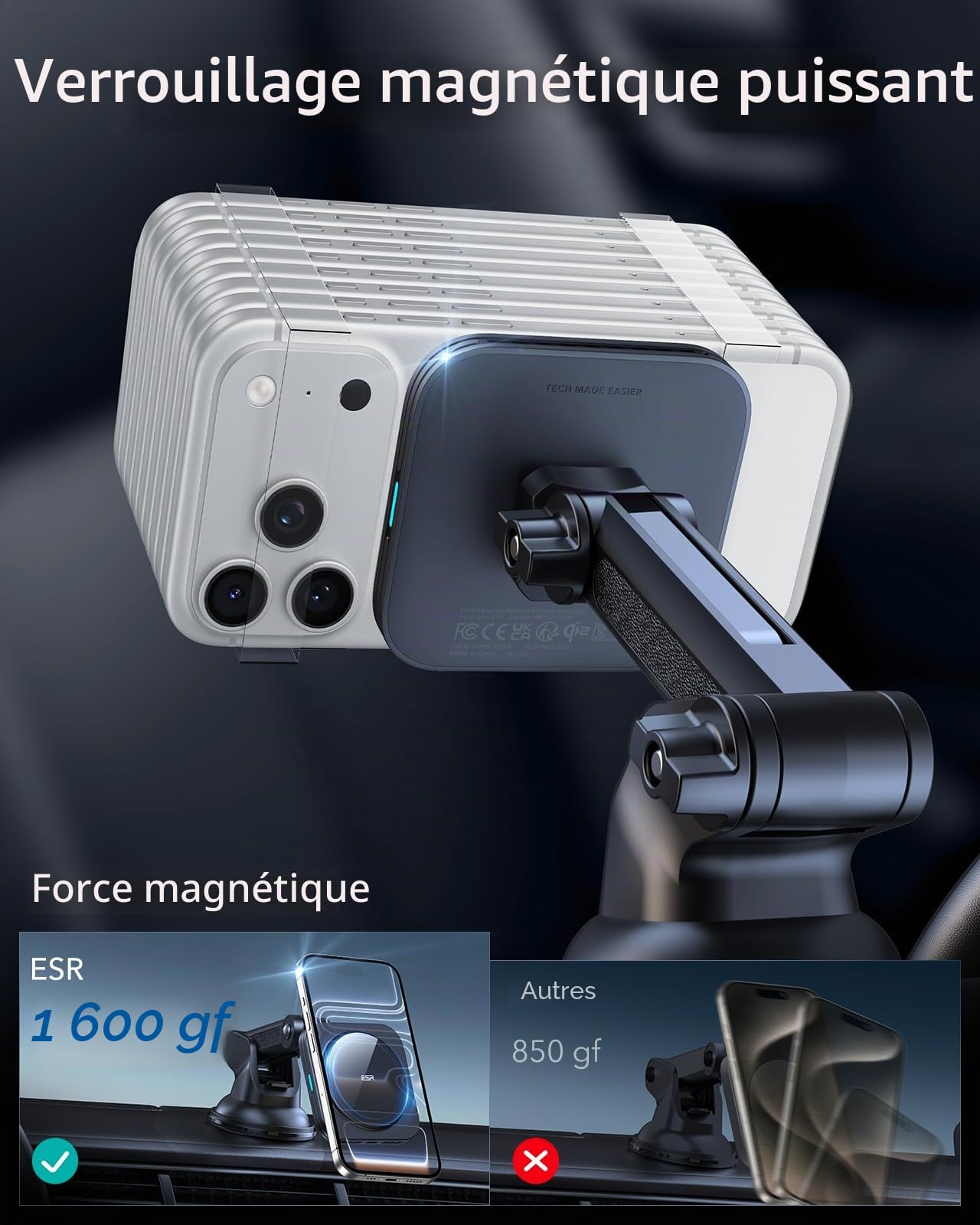 ESR Support Telephone Voiture Magsafe, Chargeur Magsafe Voiture, Tableau de Bord et Pare-Brise Magnétique Support Telephone Chargeur pour iPhone Air/17/17e/16/15/14/13/12, S25/S26, Charge Rapide