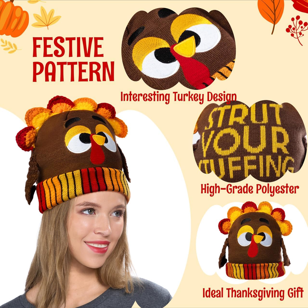 JOYIN Thanksgiving Pom Turkey Beanie Knitted Hat, Thanksgiving Turkey Hat for Women & Man,Thanksgiving Novelty Hats,Thanksgiving Costume Hats, Halloween Costume Dress Up Hats,Thanksgiving Accessories