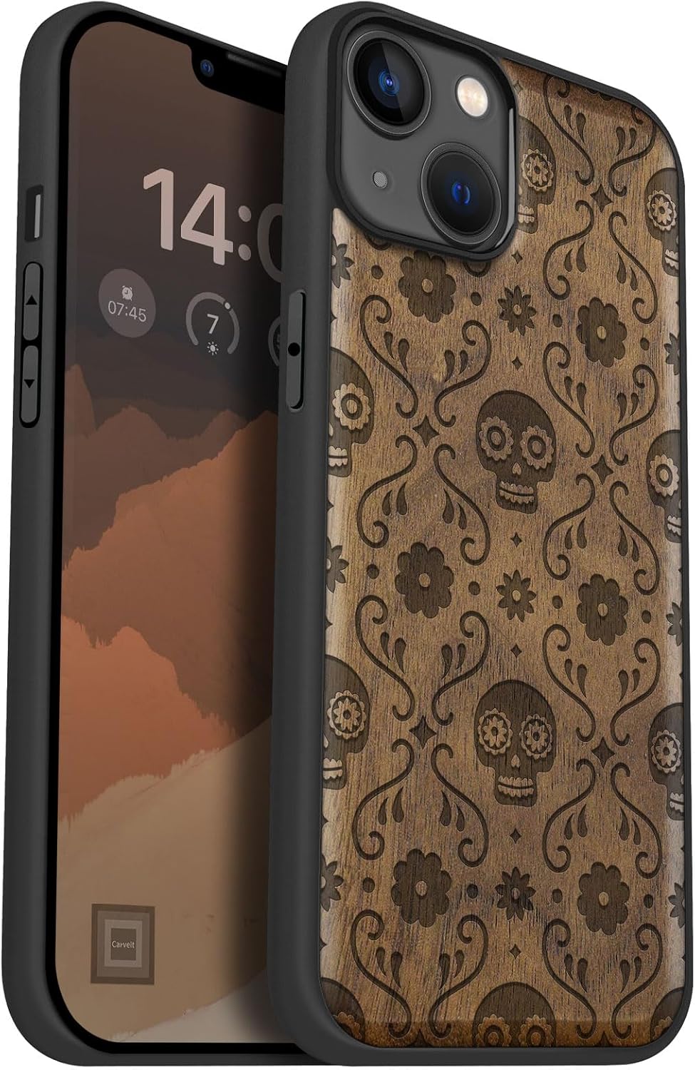 Carveit Magnetic Wood Case for iPhone 14 Plus - Natural Wood & Black Soft TPU - Shockproof Protective Cover - Unique & Classy Wooden Case - Compatible with MagSafe (Sugar Skull Bloom -Walnut)