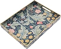 Boho Blue Serving Tray with Handles - Modern Large Rectangular Coffee Ottoman Tray for Living Room Decor