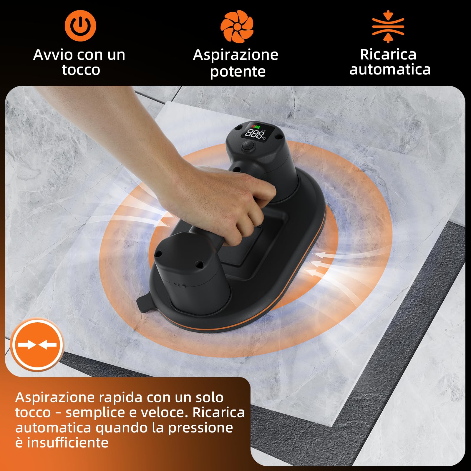 Ventosa elettrica per piastrelle, 24 cm, con batteria da 4000 mAh, display LCD, ventose per vetro, lastre della terrazza, piastrelle, pannelli di legno, marmo e mobili (confezione da 2)