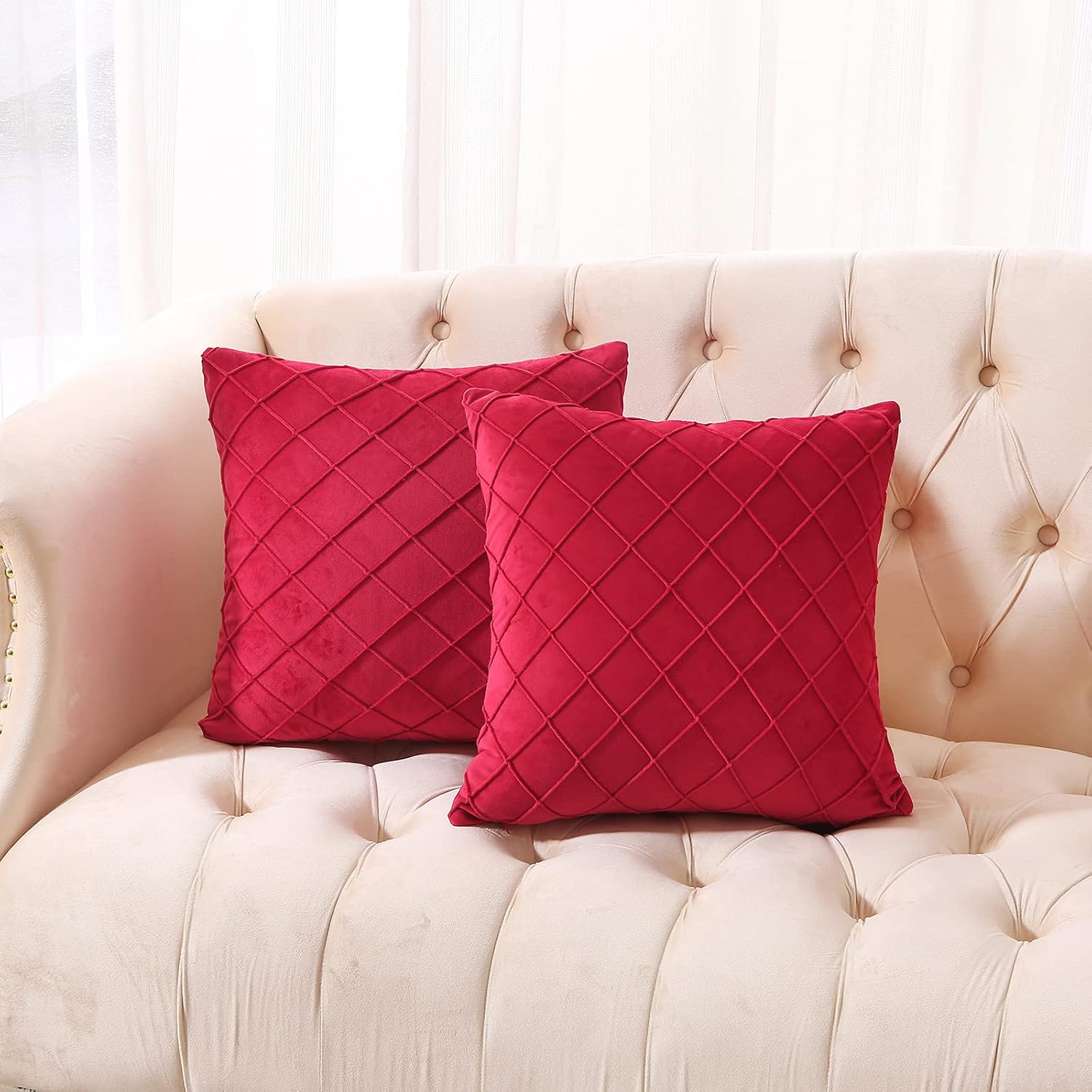 Volcanics Pack of 2 Velvet Decorative Throw Pillow Covers Soft Solid Square Couch Pillow Cover Case Cushion Pillowcase 18x18 Inches, Red