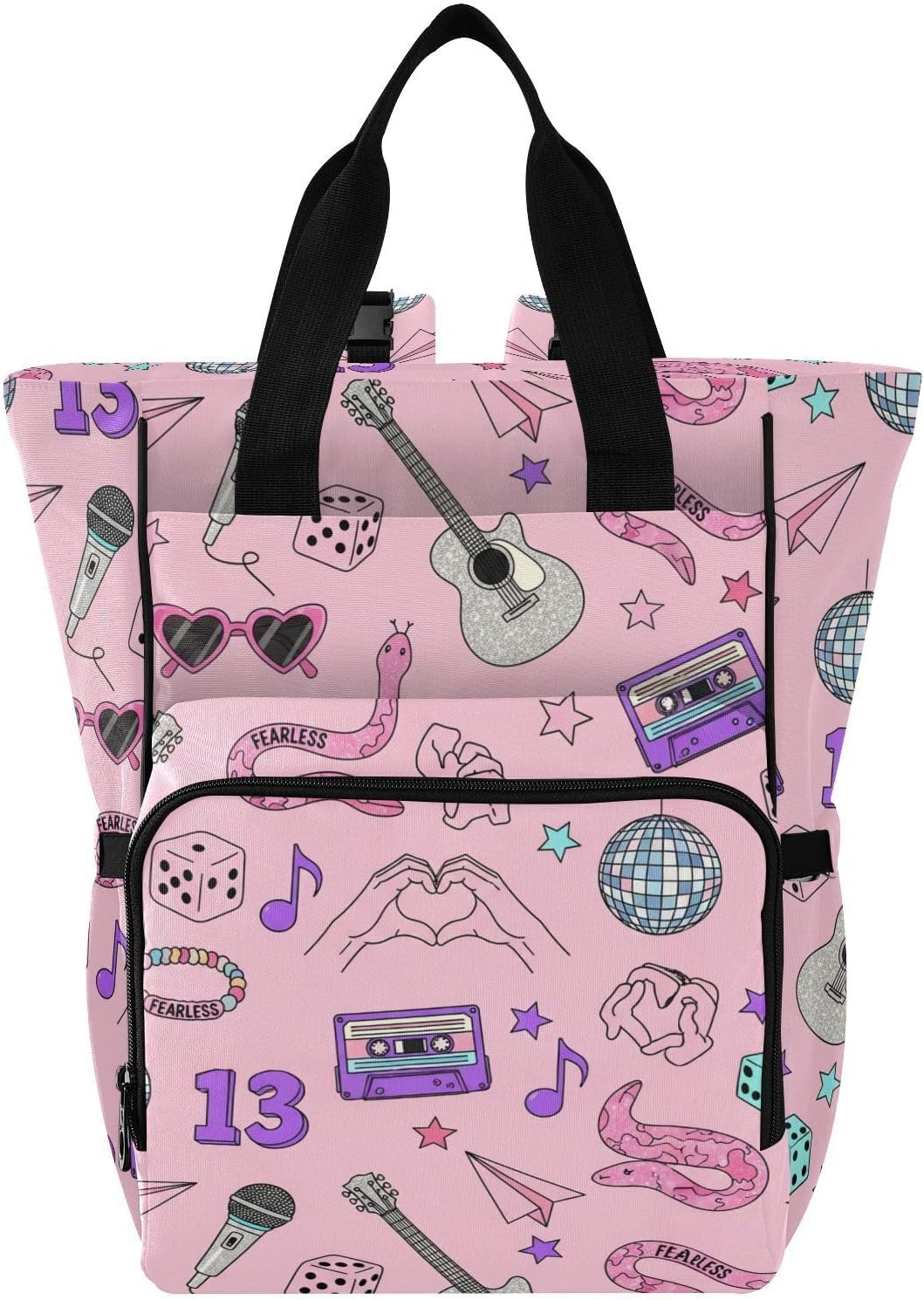 Guitar Microphone Stars Pink Print Diaper Bag Backpack for Baby Boys Girls Multifunction Baby Essentials Travel Tote with Stroller Straps & Bottle Storage Large Travel Diaper Backpack for Baby