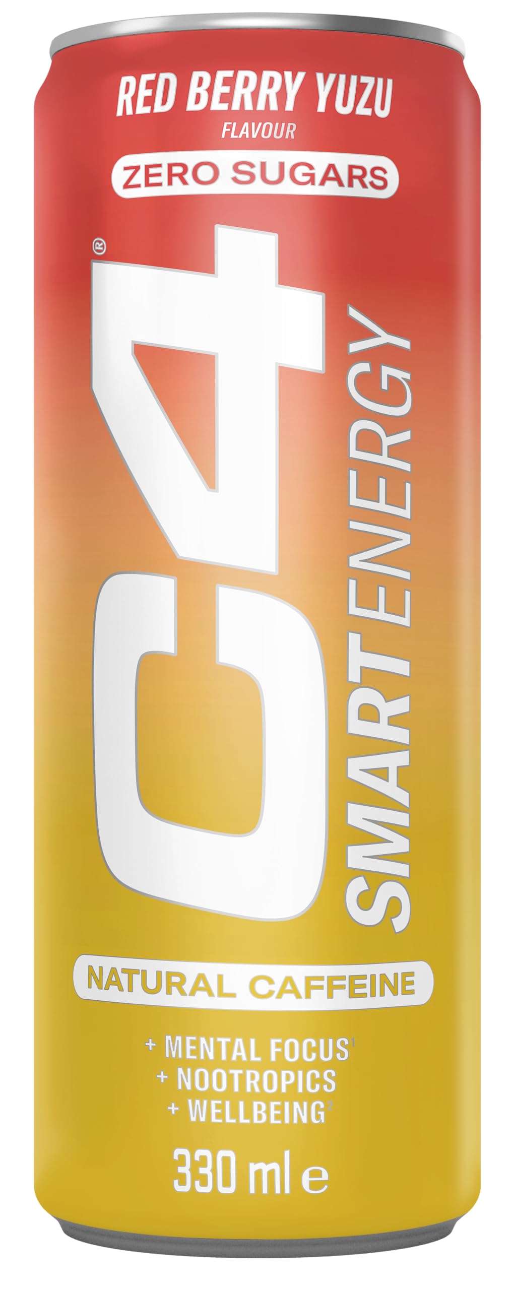 C4 Smart Energy Drinks Red Berry Yuzu 330ml (12 pack) | Sugar Free Energy Drink with 106mg Natural Caffeine, Brainberry, Nootropics, Vitamin C | Natural Energy Drink for Mental Focus On the Go
