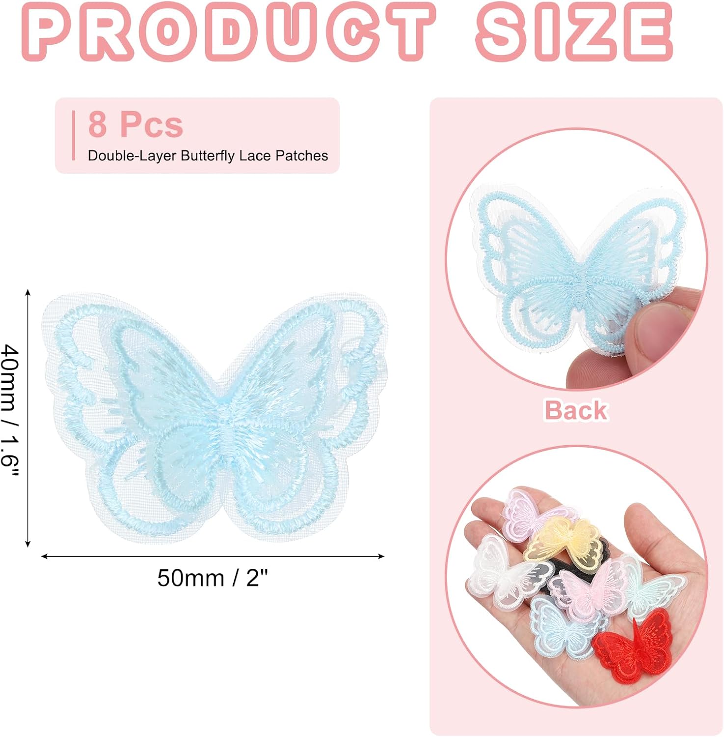 MECCANIXITY Lace Organza Butterfly Patches, 2x1.6 in Embroidery Butterfly Sew Iron on Patch Badge Double Layer Organza Appliques for Bridal Wedding Dress Clothes, 8pcs, Light Blue image 2
