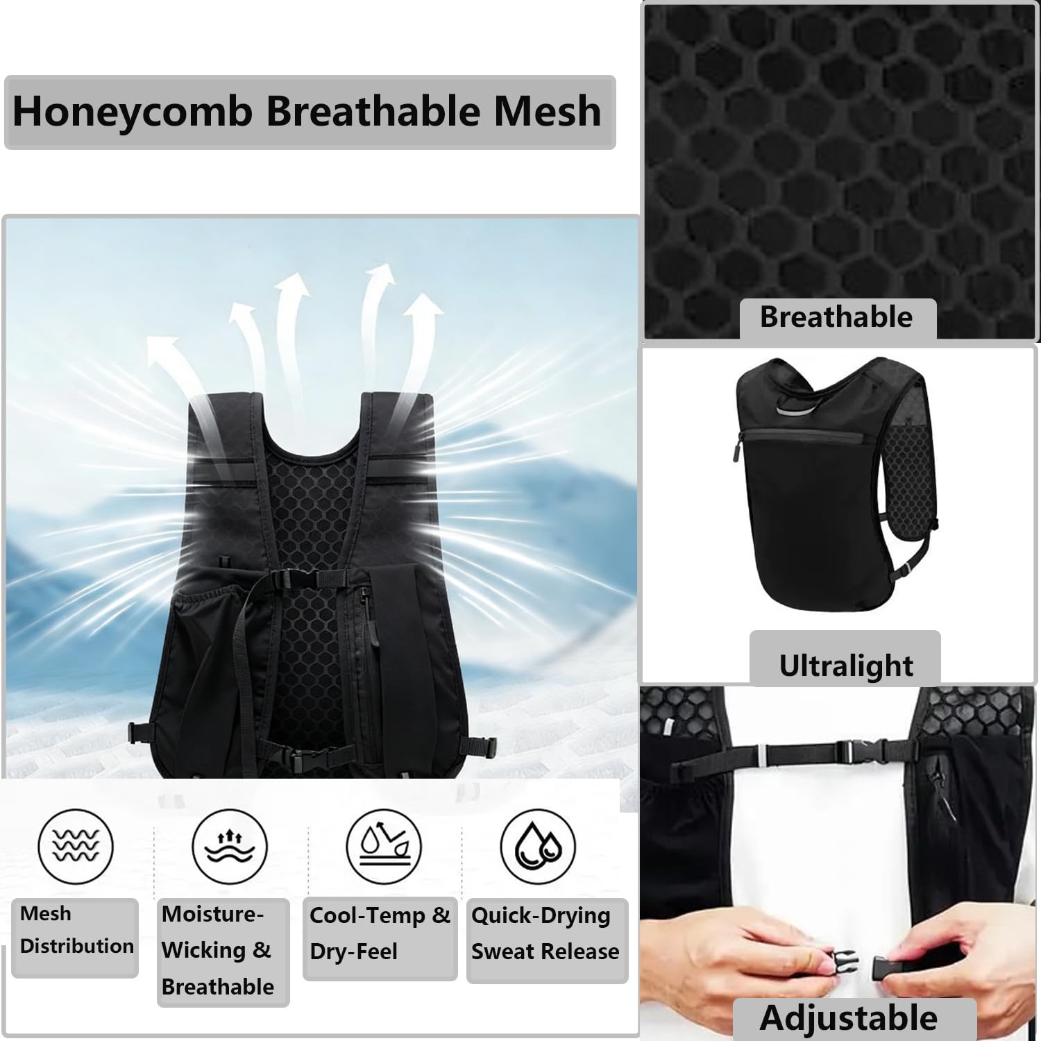 Running Vest，Lightweight & Breathable Hydration Backpack with Cooling Towels,Reflective Running Backpacks for Women & Men,Running Phone Holder for Cycling Hiking - 3