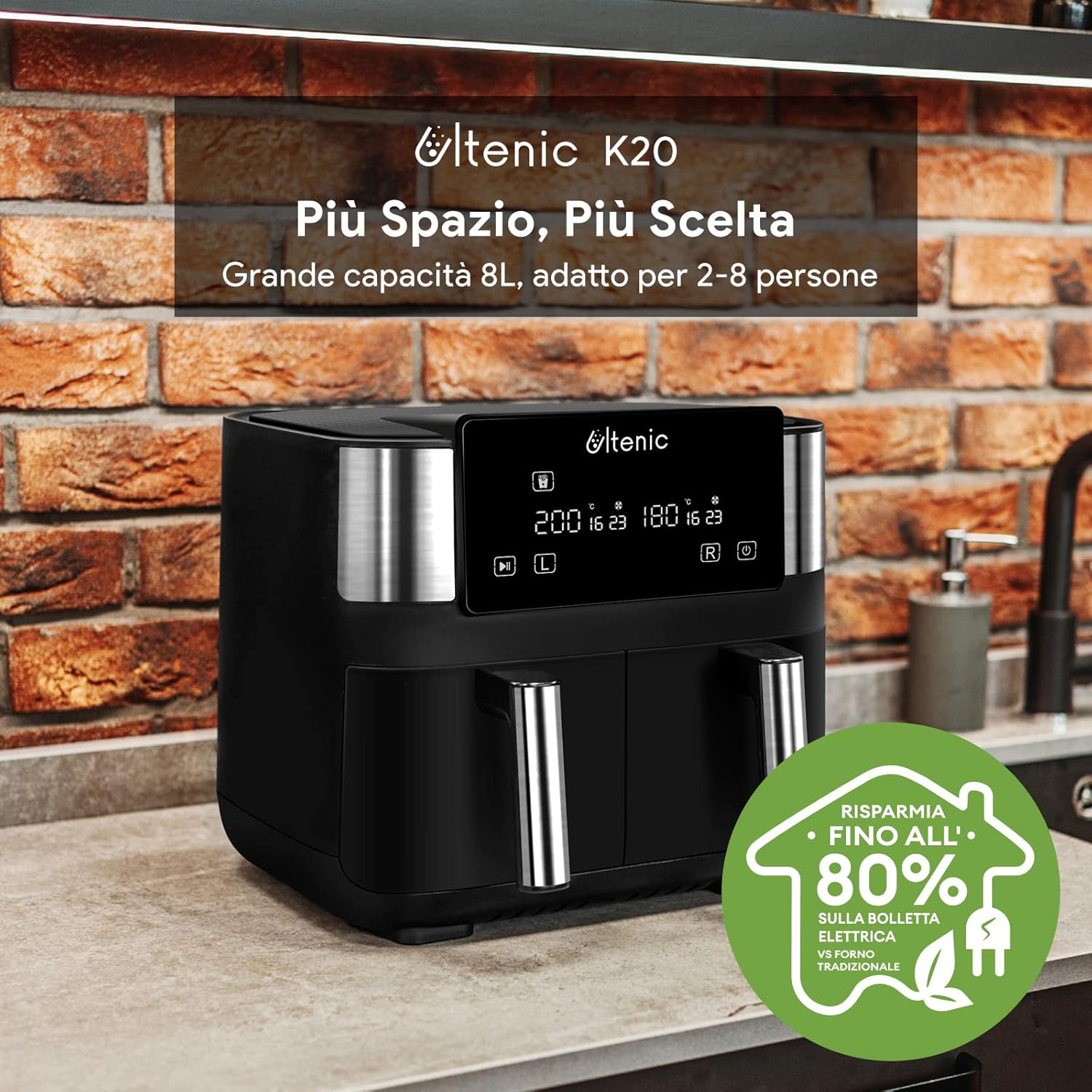 Ultenic K20 Friggitrice ad Aria Senza Olio a Doppio Cestello con 6 Programmi, 7.6 L, 2850W, Antiaderente, Menù Italiano Online, Preriscaldamento, Display Touch a LED
